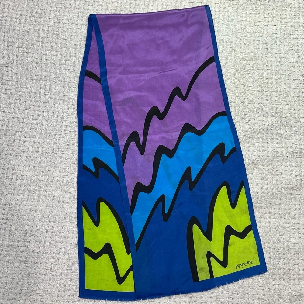 Vintage Oscar de la Renta Studio Silk Scarf Wave Pattern Green Blue Purple